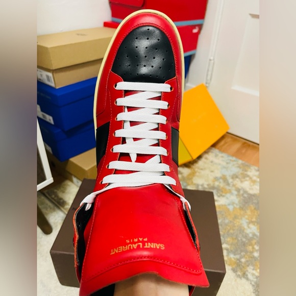 EUC Men Size 10 Saint Laurent SL/10H Contrast-Stripe High Top Sneakers Red/White - Picture 9 of 14